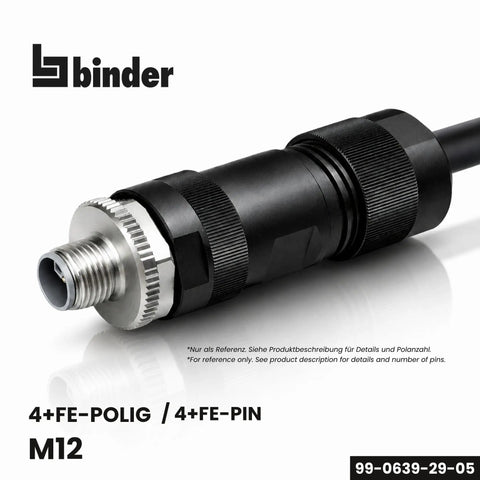 M12 L Coded 4 Plus FE Unshielded Power Cable Connector IP67 for 8 to 13mm Cables, Screw On M12 Thread, Industrial Grade, Field Ready Rugged Waterproof IP Rated, DIN EN IEC 61076-2-111 Compatible; angled view with metal thread