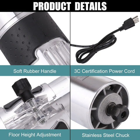 Heavy Duty 800W Wood Router Paired With A Rock Solid 15 Piece Tungsten Carbide Bit Set And Quick Change Quarter Inch Collet with rubber handle and power cord.
