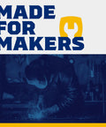 Welding workshop scene featuring a person working with sparks, showcasing tools for makers.