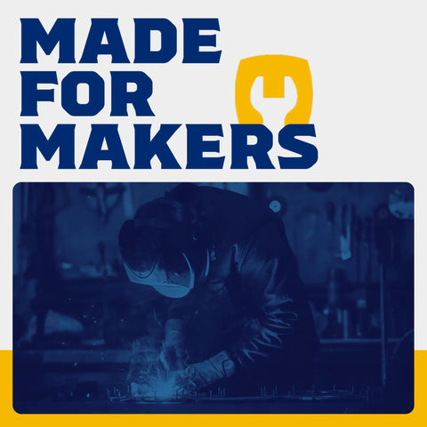 Welding workshop scene featuring a person working with sparks, showcasing tools for makers.