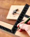 Heavy Duty 8x12 Carpenter Square With Dual Imperial And Metric Scales being used on wood in a workshop