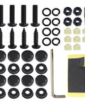 Upgrade Your Ride With Rock Solid Anti Theft License Plate Screws That Keep Your Tag Locked Down Thanks To A Tamper Proof Design Made From Beefy Stainless Steel Bolts With A Slick Black Finish To Fight Rust For Cars Motorcycles Trailers And Trucks, showing black screws, grommets, nuts, and tools.