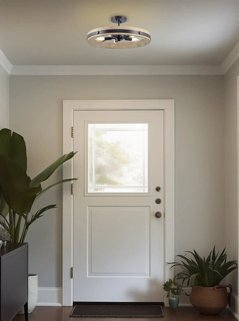 Open Farmhouse Ring Ceiling Light With Distressed Driftwood Wood Finish And Oil Rubbed Bronze Accents, 19 Inch 5 Light Semi Flush Mount