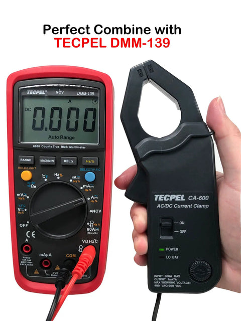Hand holding AC DC Current Clamp Transmitter Probe 600A for DMM, 30mm Jaw, 1 mV Per A DC Output, shown with TECPEL DMM-139