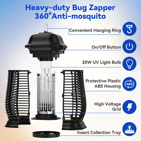 Ultimate Indoor Outdoor Bug Zapper For Mosquitoes And Flies, 4200V Electric Grid With 20W Blue UV Light, ABS Plastic Exterior, Black.