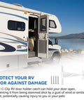 Heavy Duty RV Door Holder Clip Keeps Camper Entry Door Open In Windy Weather Wind Resistant 3 Inch White Door Catch