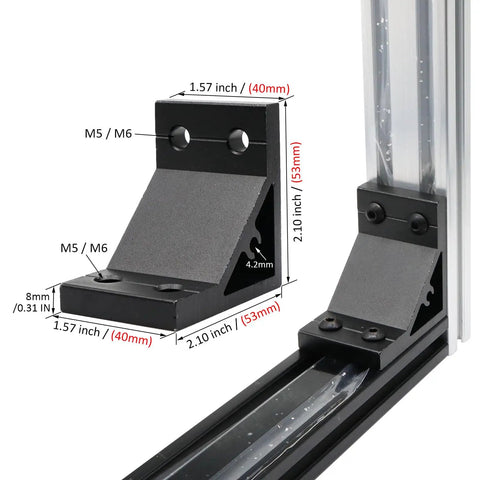14 Pack 2040 Aluminum Extrusion Corner Brackets 90 Degree Right Angle L Connectors With T Slot Nuts and Bolts, dimensions shown.