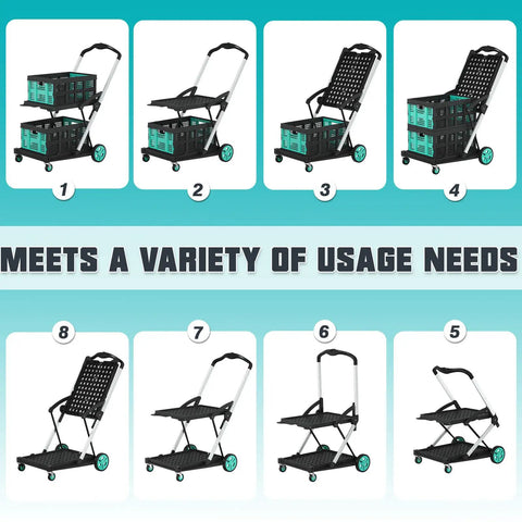 Heavy Duty Foldable Grocery Cart With 2 Storage Crates, 350 Lb Capacity, shown in multiple configurations, turquoise wheels.