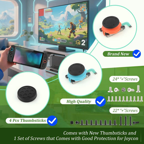 2 Pack 3D Analog Joysticks For Switch 2 Joy Con Replacement Kit showing thumbsticks and screws with gaming setup
