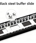 Built Tough Heavy Duty Side Mounted Ball Bearing Drawer Slides Silent Hydraulic Damping Three Section Cabinet Hardware Smooth As Butter Full Extension 12 Inches close-up view of black steel buffer slide with ball bearings.