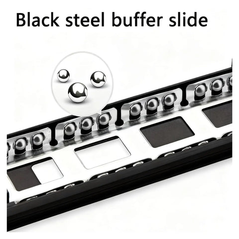 Built Tough Heavy Duty Side Mounted Ball Bearing Drawer Slides Silent Hydraulic Damping Three Section Cabinet Hardware Smooth As Butter Full Extension 12 Inches close-up view of black steel buffer slide with ball bearings.