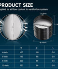 Diagram of 4 Inch Backdraft Damper Draft Blocker For One Way Airflow In Ducting Systems showing size and airflow direction.