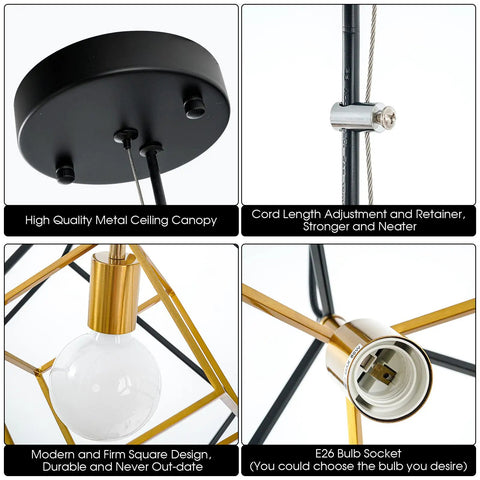 Close-up of Dope Modern Geometric Cube Chandelier Pendant Light in Black Brass for Kitchen Island and Entryway, metal and bulb details.