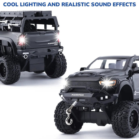 1/24 Diecast Pickup Truck Toy With Light And Sound, Pull Back Action Metal Truck For Kids And Collectors, Black Mammoth Model Car Kit With Durable Zinc Alloy Body And ABS Chassis showing light effects