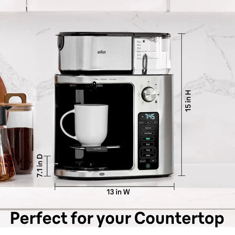 10 Cup Drip Coffee Maker With Hot And Cold Multi Serve Brewer on kitchen counter, stainless steel design with digital display.