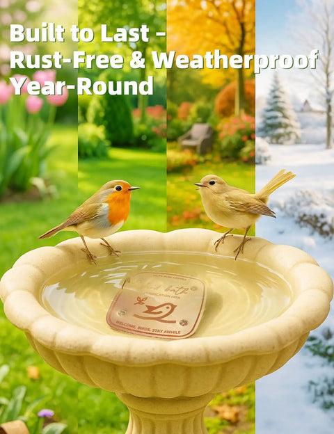 Copper Disk Bird Bath Purifier For Clean Water All Season in bird bath with birds, showing seasonal background changes.
