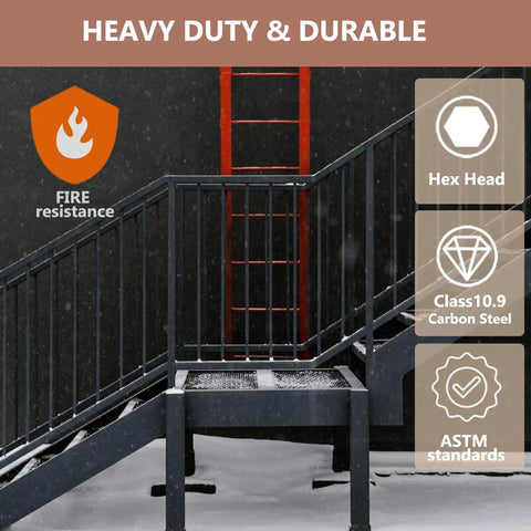 Outdoor staircase highlighting durability features with hex head, Class 10.9 carbon steel, and ASTM standards, fire resistance badge.