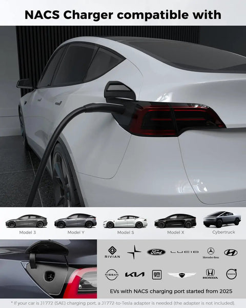 Level 1 2 Portable Ev Charger With Native Nacs Port Nema 5 15 Plug Adjustable 6 To 16 Amps For Tesla Ford Rivian Hybrids charging.