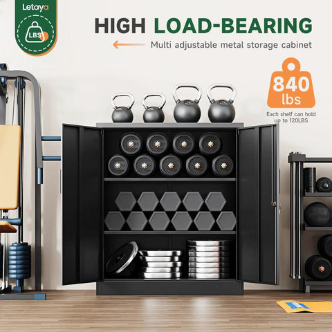 Heavy Duty Metal Storage Cabinet With Locking Doors 2 Door Steel Locker With Adjustable Shelves Rustproof Powder Coated Black