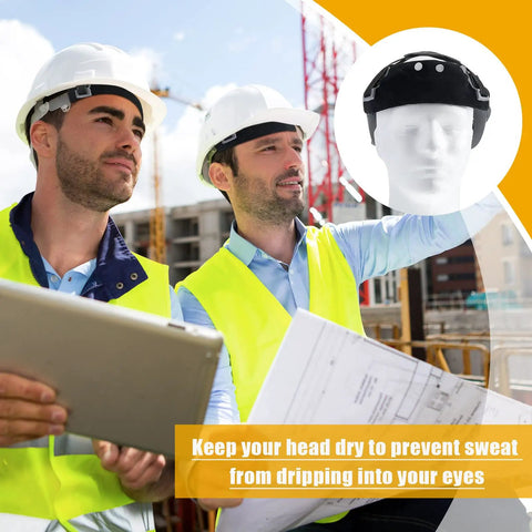 Construction workers wearing helmets with Bulk 50 Pack Hard Hat Sweatband Liners Cotton Washable Reusable Helmet Sweat Bands.