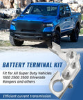Heavy Duty Battery Terminal Set Positive 926603 Compatible With Ford Super Duty F250 F350 F450 And Silverado 1500 2500 3500 Pickup Trucks Plus Negative Terminal BT4A14450BA Replacement with truck background