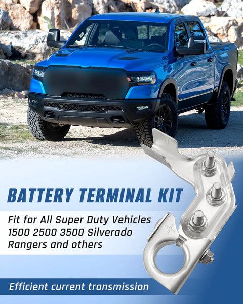 Heavy Duty Battery Terminal Set Positive 926603 Compatible With Ford Super Duty F250 F350 F450 And Silverado 1500 2500 3500 Pickup Trucks Plus Negative Terminal BT4A14450BA Replacement with truck background