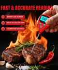 Hand using 40 Inch Leave-In Digital Meat Thermometer With External Probe to check steak temperature, visible LCD, herbs and spices.