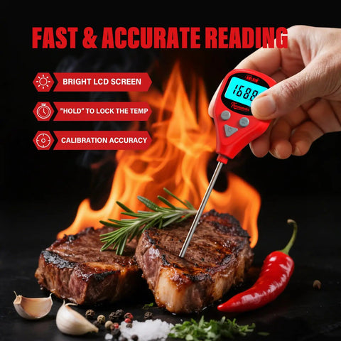 Hand using 40 Inch Leave-In Digital Meat Thermometer With External Probe to check steak temperature, visible LCD, herbs and spices.