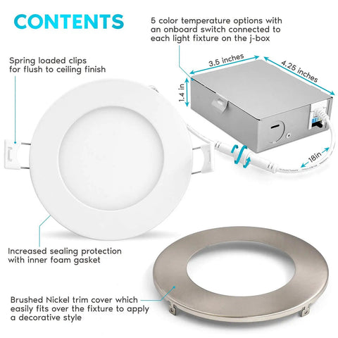 Ultra Thin 4 Inch LED Recessed Light with J Box, 10W Dimmable Wafer Lights, 750 Lumens, Brushed Nickel Finish components
