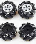 Set of four 97mm mecanum wheels for AGV robots with omni-directional movement and 6mm metal couplings for DC motors.