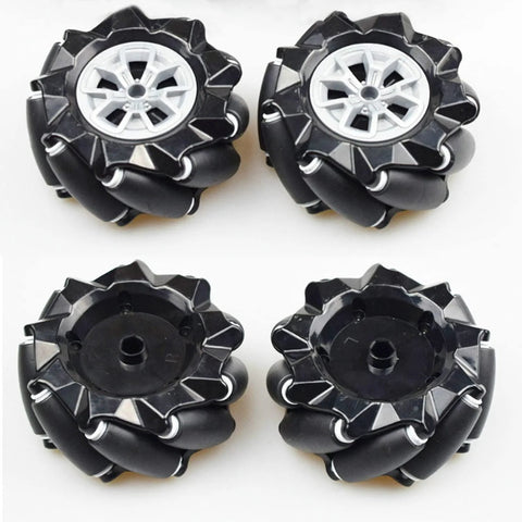 Set of four 97mm mecanum wheels for AGV robots with omni-directional movement and 6mm metal couplings for DC motors.