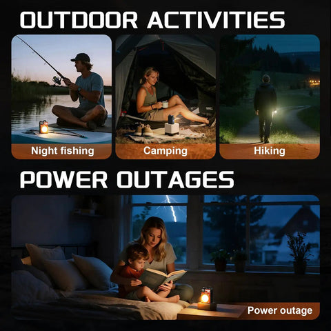 Portable Camping Light 3500LM LED Lantern in use for fishing, camping, hiking, and power outage scenarios.