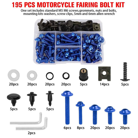 195 Piece Motorcycle Fairing Bolt Kit With M5 M6 Aluminum Screws And Hardware Grommets Nuts Washers Clips 5mm And 6mm Allen Wrenches Universal For Sport Dirt Bike Bodywork Windscreen Orange Gear showcasing bolts and tools.