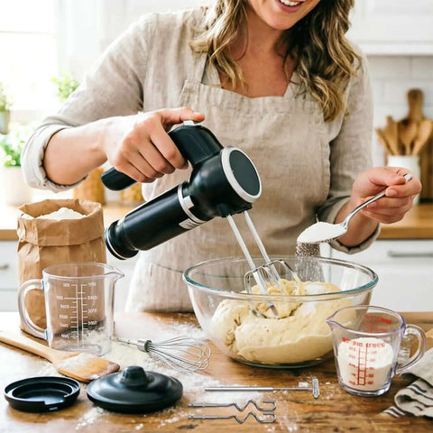Electric Hand Mixer And Immersion Blender With Six Attachments Including Wire Whisk Milk Frother And Food Chopper Heavy Duty Handheld Kitchen Tool mixing batter in a glass bowl