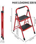 Two Step Folding Ladder With Wide Anti Slip Pedals And Handrails, Lightweight Portable Kitchen Stool, Red, dimensions shown