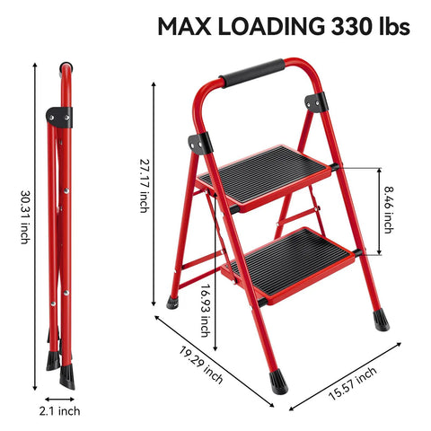 Two Step Folding Ladder With Wide Anti Slip Pedals And Handrails, Lightweight Portable Kitchen Stool, Red, dimensions shown
