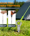 12 Pack Screw-In Ground Anchors for Tents and Outdoor Gear securing a tent with drill installation, auger design visible.