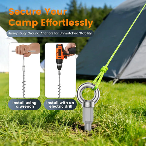 12 Pack Screw-In Ground Anchors for Tents and Outdoor Gear securing a tent with drill installation, auger design visible.