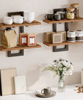 Heavy Duty Floating Wall Shelves 15 Inch 2 Tier Set 2 Rustic Brown Black showcasing kitchen storage with bowls and jars.