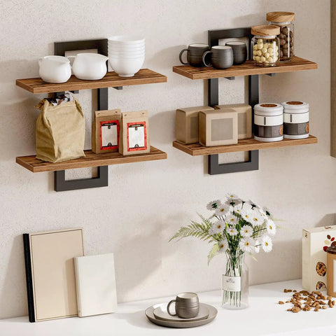Heavy Duty Floating Wall Shelves 15 Inch 2 Tier Set 2 Rustic Brown Black showcasing kitchen storage with bowls and jars.