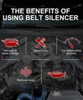 Benefits of using Belt Silencer shown on engine with icons: not easy to damage, easy use, performance recovery, reduces noise