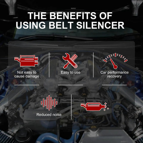 Benefits of using Belt Silencer shown on engine with icons: not easy to damage, easy use, performance recovery, reduces noise