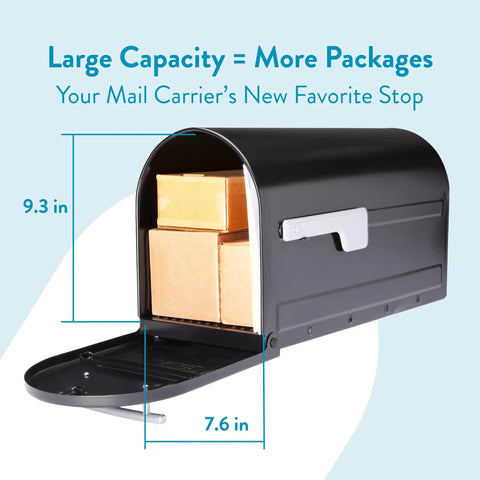 Boulder Postmount Mailbox Large Black All Weather Tough Built Outdoor Ready Rust Resistant Galvanized Steel With Black Powder Coat Finish For All Seasons And Easy Mail Delivery, open with packages inside