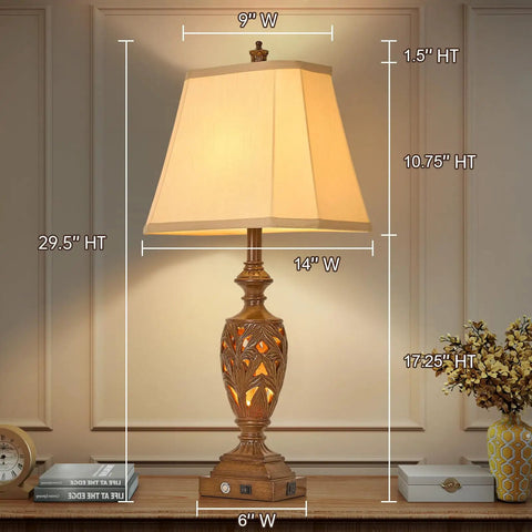 29.5 Inch Tall Touch Control Traditional Table Lamp Set Of 2 With Dual USB Ports 3 Way Dimmable Hollow Out Leafwork Bronze Wood Finish