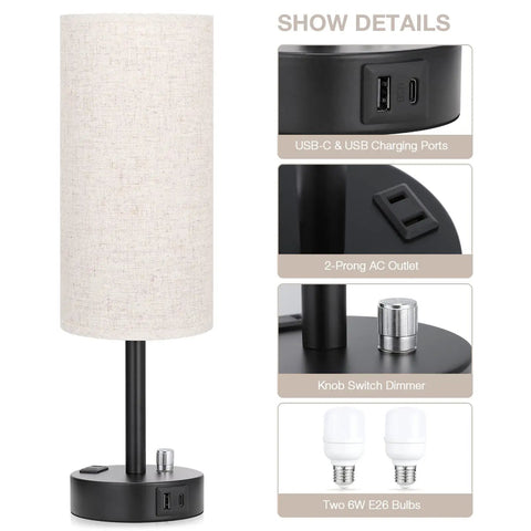 Set Of 2 Fully Dimmable Bedside Lamps With USB C Charging Port And Built In USB Ports And Outlets, beige shade, black base, detail view