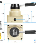 Dimensions diagram of Rotary Lever Pneumatic Hand Valve HV02 1/4 NPT Air Flow Control 3 Position 4 Way Valve, shown in side and top view.