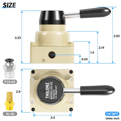 Dimensions diagram of Rotary Lever Pneumatic Hand Valve HV02 1/4 NPT Air Flow Control 3 Position 4 Way Valve, shown in side and top view.