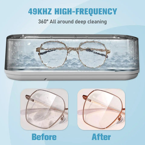 Ultrasonic Jewelry Cleaner With 360 Degree Cleaning In Minutes For Rings Glasses Watches Diamonds Gold And Silver showcasing glasses before and after cleaning