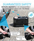 No Stress Flat Tire Rescue Kit With Built In 12V Air Compressor and Smart Sealant Pump injecting sealant into a tire.