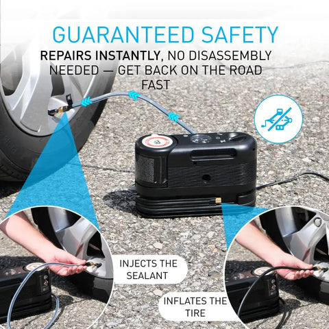 No Stress Flat Tire Rescue Kit With Built In 12V Air Compressor and Smart Sealant Pump injecting sealant into a tire.